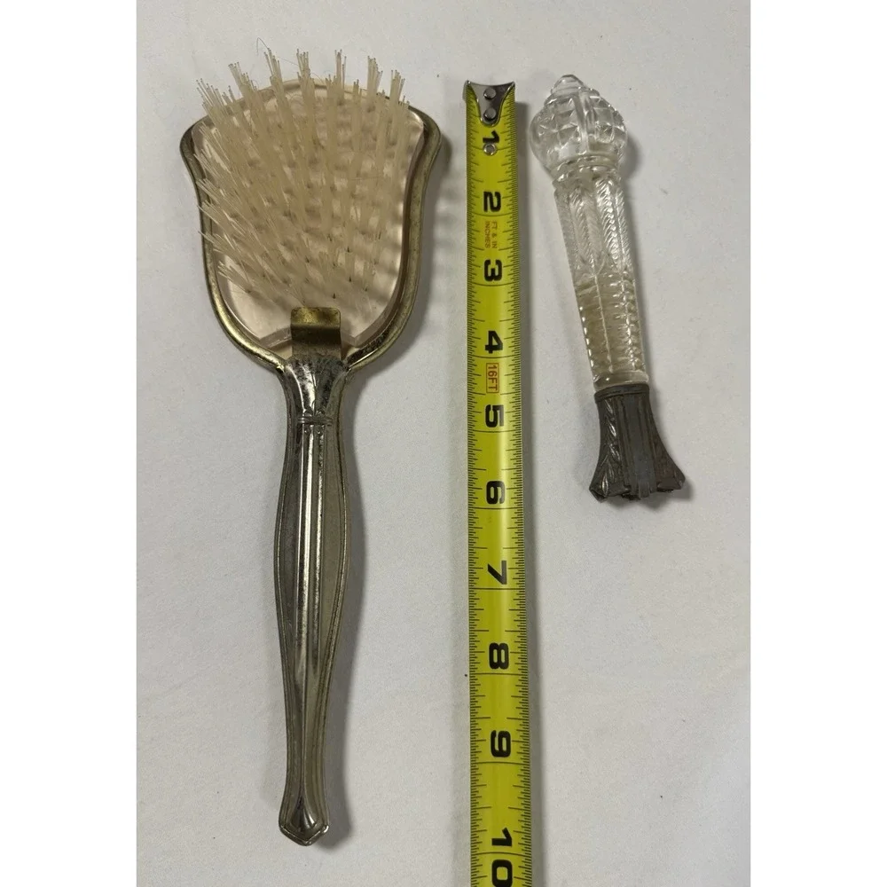 Vintage Silver Tone Hairbrush With Glass Mirror Handle‎